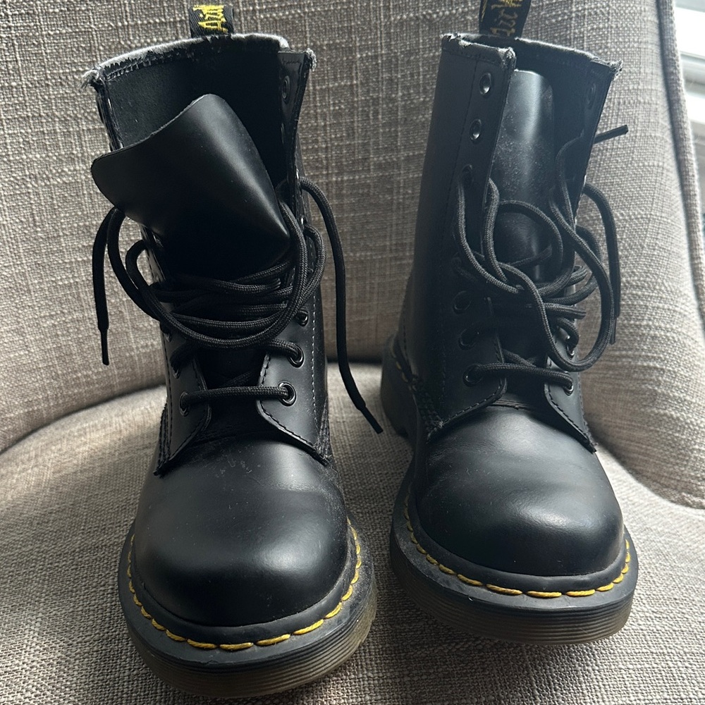Dr. Martens Black Leather Boots with Yellow Stitching